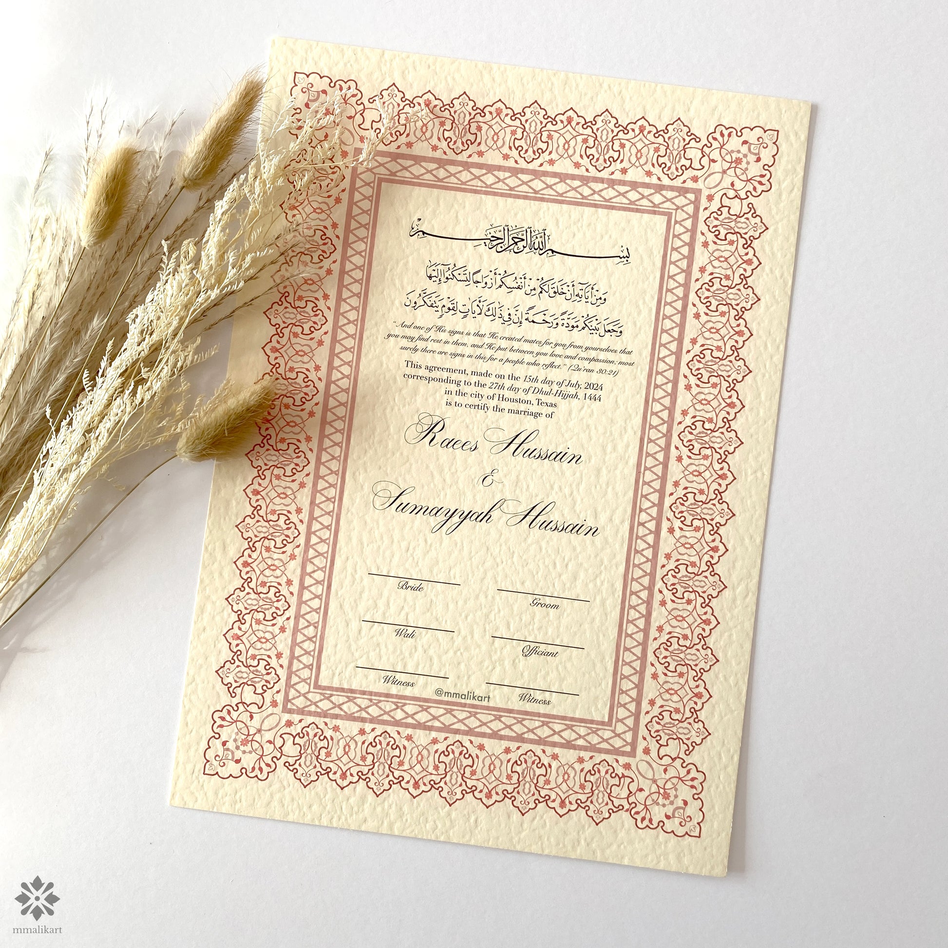 Luxury Nikkah Certificate - Pink Rose - mmalikart