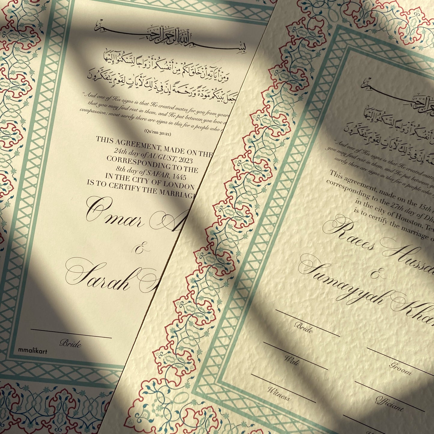 Luxury Nikkah Certificate - Mint Green - mmalikart