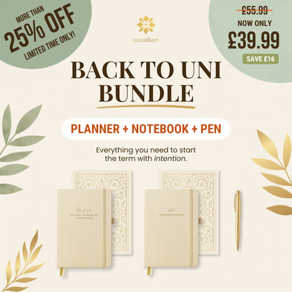 Back to Uni Bundle by mmalikart - The Deen Planner, Rabbi Zidni Ilma Notebook and premium pen, save over 25%, now £39.99