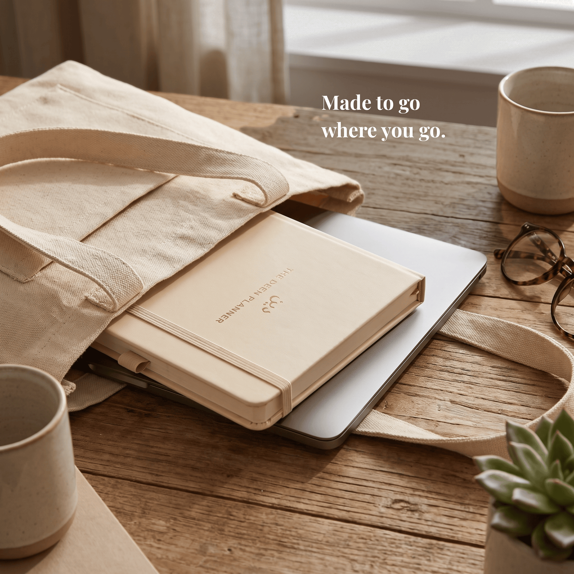 The Deen Planner tucked inside a canvas tote bag next to a laptop