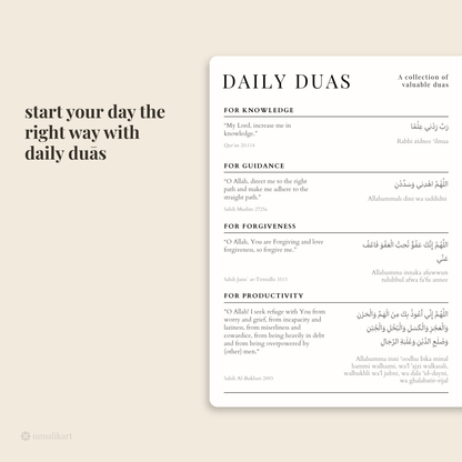 A daily quote card titled 'DAILY DUAS' with English and Arabic text, shown on a warm beige background with the headline 'start your day the right way with daily duas.'.