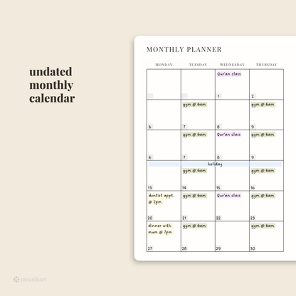 An undated monthly planner page shown on a beige background with the text 'undated monthly calendar.' The planner has a white card with black grid lines and headings, plus a few sample entries in green and blue labels across the days.