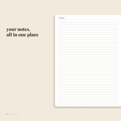 A minimalist lined notes page shown on a warm beige background with the text 'your notes, all in one place' and a small 'unifiedart' mark in the lower left corner.