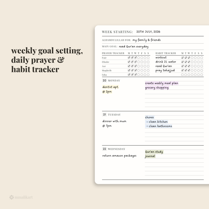 A weekly planner page shown on a warm beige background with text reading 'weekly goal setting, daily prayer & habit tracker.' The planner has sections for Monday through Wednesday, prayer and habit trackers, and handwritten-style notes.